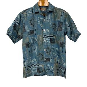 Paradise Island Hawaiian Shirt Tropical Batik Floral M Blue 100%‎ Cotton